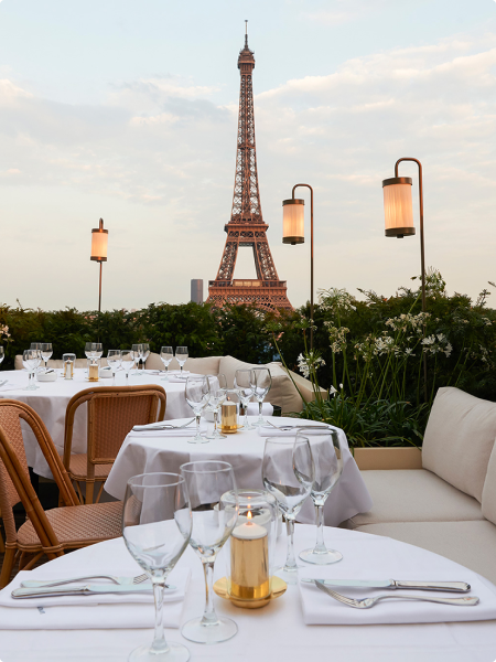 View of the Eiffel Tower from a dining table